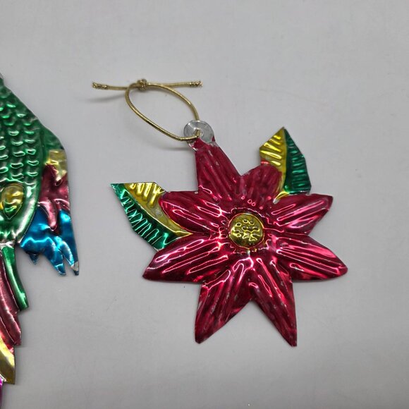 Mexican Folk Art Colorful Tin Parrot & Flower Hanging Ornaments Holiday Decor - Picture 3 of 5